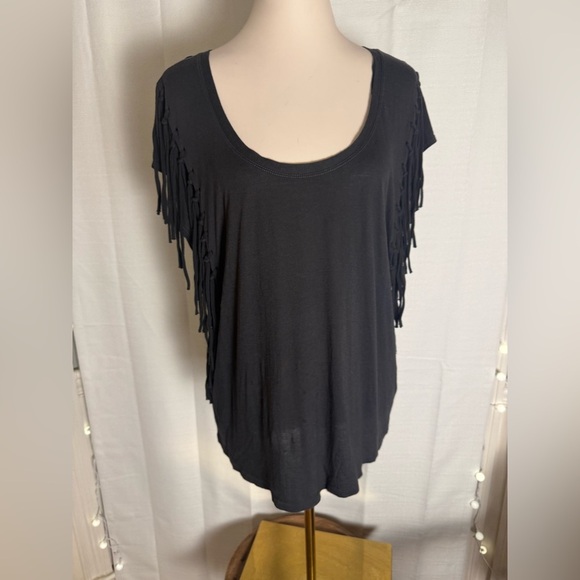 Free People Black Fringe Sleeve Tee XS - Picture 1 of 7